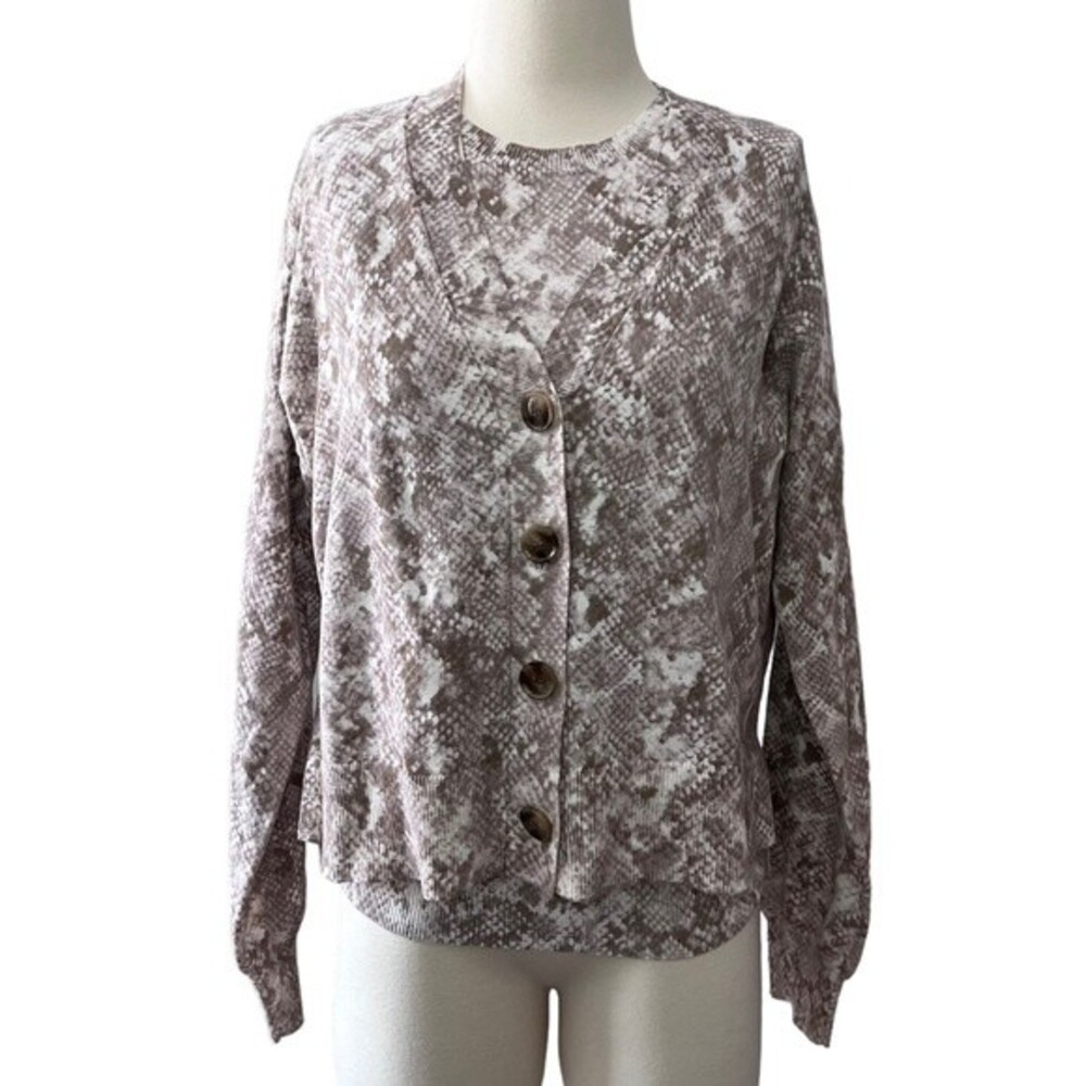 Ann Taylor Snakeskin Print Short Sleeve Sweater with V-Neck Cardigan Set Small